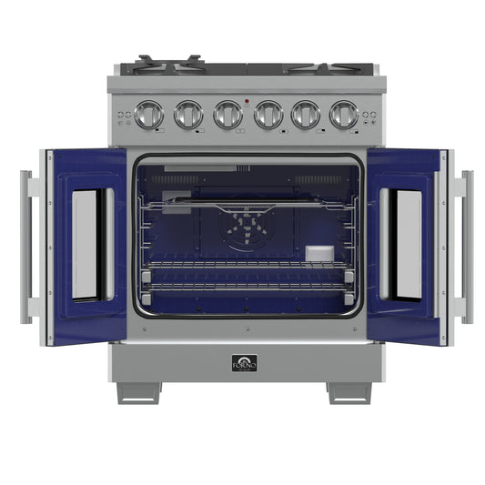 Forno Capriasca 30-Inch Freestanding French Door Gas Range, 4 Burners, Convection Oven, Energy Efficient
