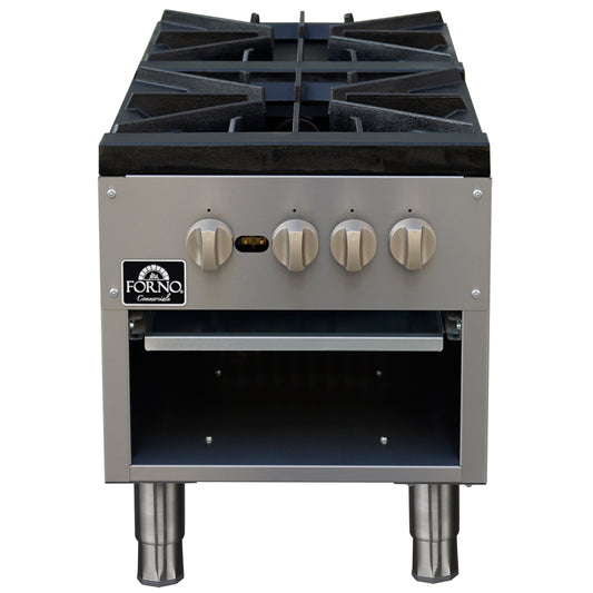 Forno Commerciale gas stock pot range, 2 powerful 3-ring burners, 160,000 BTU, durable stainless steel, heavy-duty cast iron grates