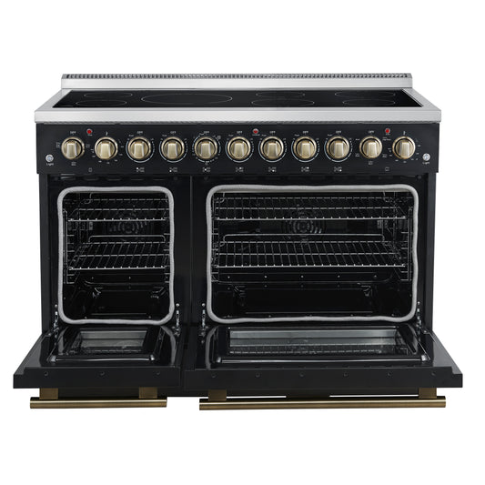 Forno Paolo 48 Inch Freestanding Electric Range in Black with Antique Brass, 6.7 cu.ft, True Convection Oven, Energy Efficient