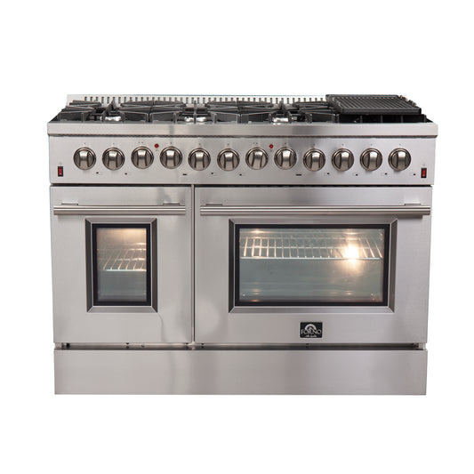 FORNO Premium 3-Piece Kitchen Bundle - FORNO Galiano 48" Freestanding Dual Fuel Range, FORNO Maderno 60" 2-Piece Convertible Refrigerator/Freezer Built-In with Decorative Grill Trim, 27.2 cu.ft., FORNO Orvieto 48" Wall Mount Range Hood - FBDL-017-04CAUS