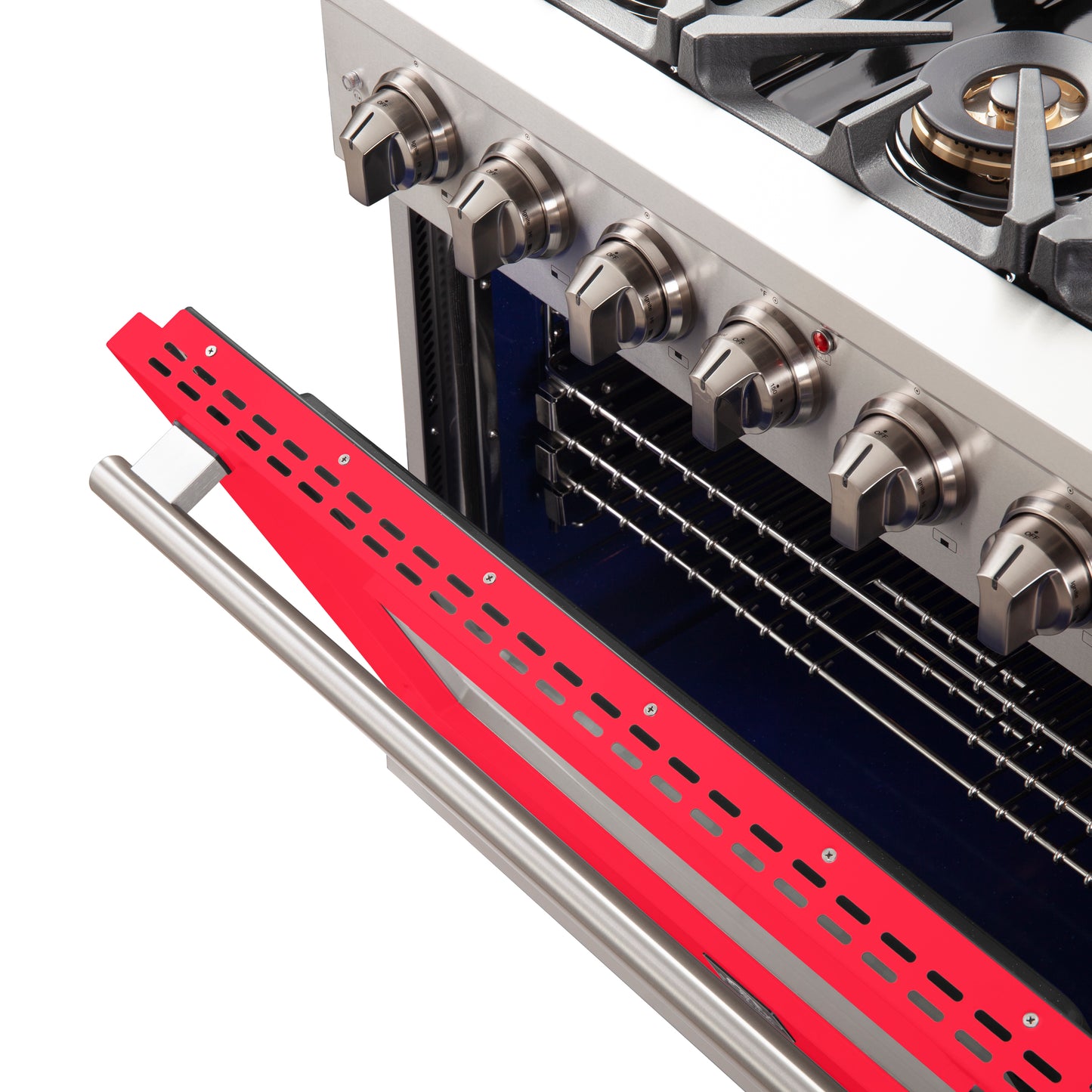 Forno Capriasca 36-Inch Gas Range, Stainless Steel, 6 Brass Burners, 120,000 BTU, Convection Oven, Energy Efficient, Red Door