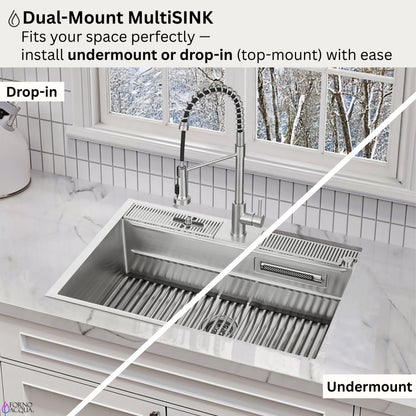 FORNO ACQUA 33 in. Drop-In/Undermount 3-Level MultiSINK Workstation Sink with Waterfall Faucet & Glass Rinser