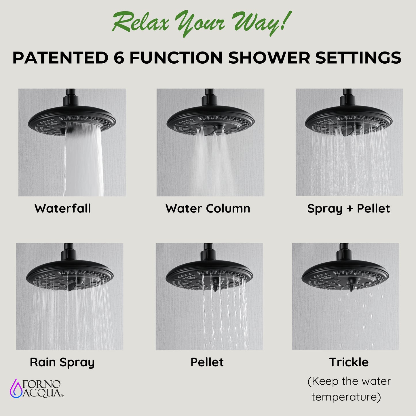 Forno Acqua AcquaSPA Retrofit Shower, Overhead Rainfall, 8 Inch Shower Head, Handheld Shower Head, Body Jets, 6 Way Diverter, Matte Black Finish, 1.8 GPM Flow Rate