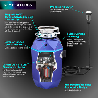 FORNO ACQUA BrightDIAMOND Amethyst 3/4HP Super Quiet Garbage Disposal Corded with Motion Sensor Cabinet Light & Pre-Wired Air Switch