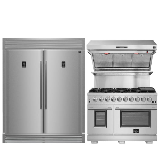 FORNO Premium 3-Piece Kitchen Bundle - FORNO Capriasca 48" Freestanding Gas Range, FORNO Rizzuto 60" W. Dual Combo Convertible Refrigerator, FORNO 48" Wall Mount Range Hood - FBDL-019-05US