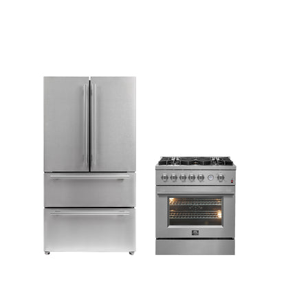 FORNO Premium 2-Piece Kitchen Bundle -Giovanni 30-inch Gas Range Stainless Steel, Forno Moena 36" French Door 19.2 Cu.Ft. Stainless Steel Refrigerator - FBDL-020-02US
