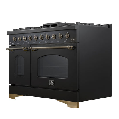 Forno Antico 48-Inch Dual Fuel Range, Black with Antique Brass Finish, 8 Burners, 94,000 BTU, 5.5 cu.ft. Double Ovens & Griddle