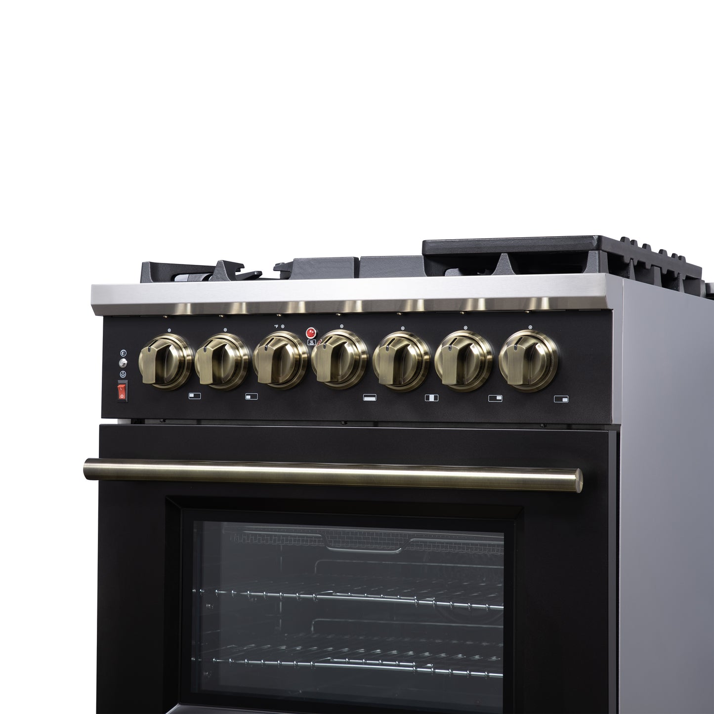 Forno Massimo 30-Inch Freestanding Dual Fuel Range in Black with Antique Brass Accessories, 4 Burners, 4.32 cu. ft. Convection Oven