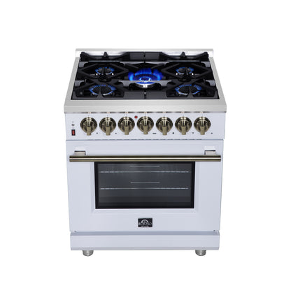Forno Massimo 30-Inch Freestanding Dual Fuel Range in White with Antique Brass Accessories, 4 Burners, 4.32 cu. ft. Convection Oven