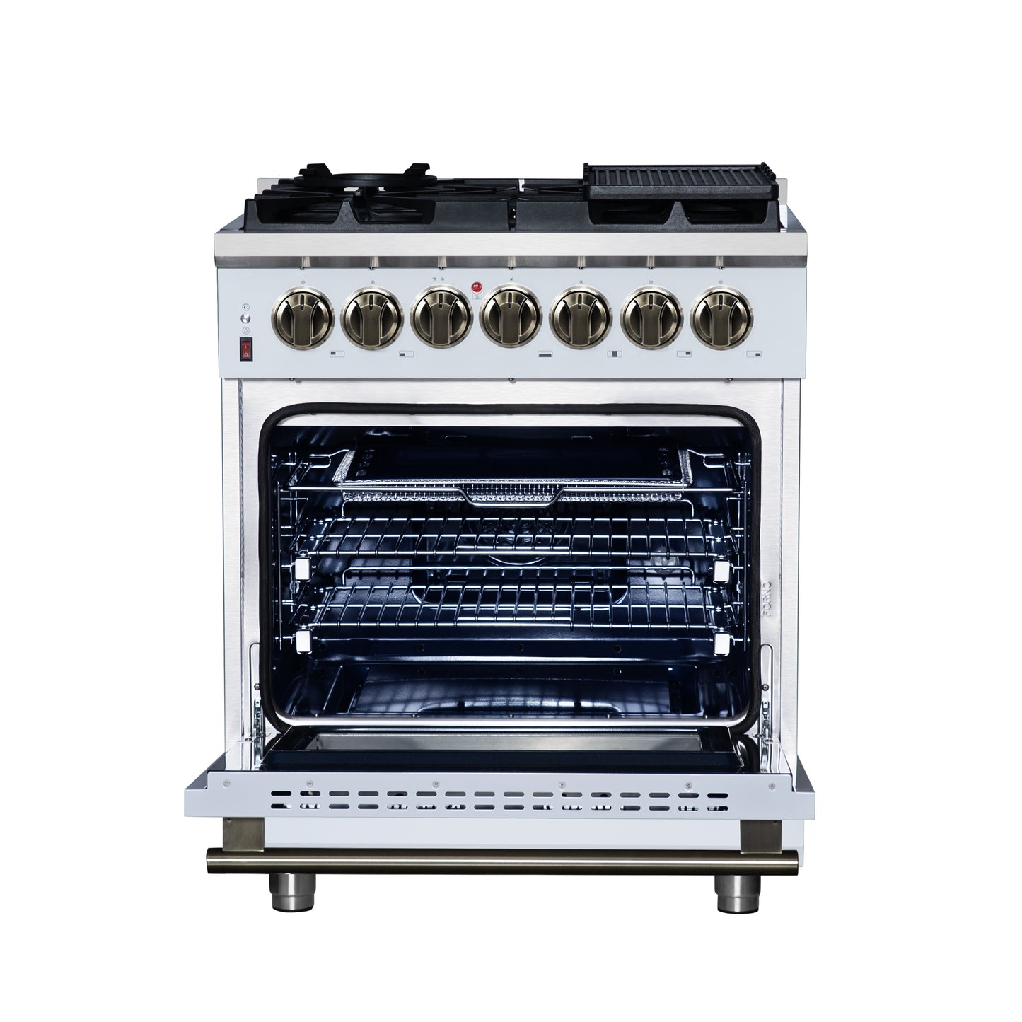 Forno Massimo 30-Inch Freestanding Dual Fuel Range in White with Antique Brass Accessories, 4 Burners, 4.32 cu. ft. Convection Oven