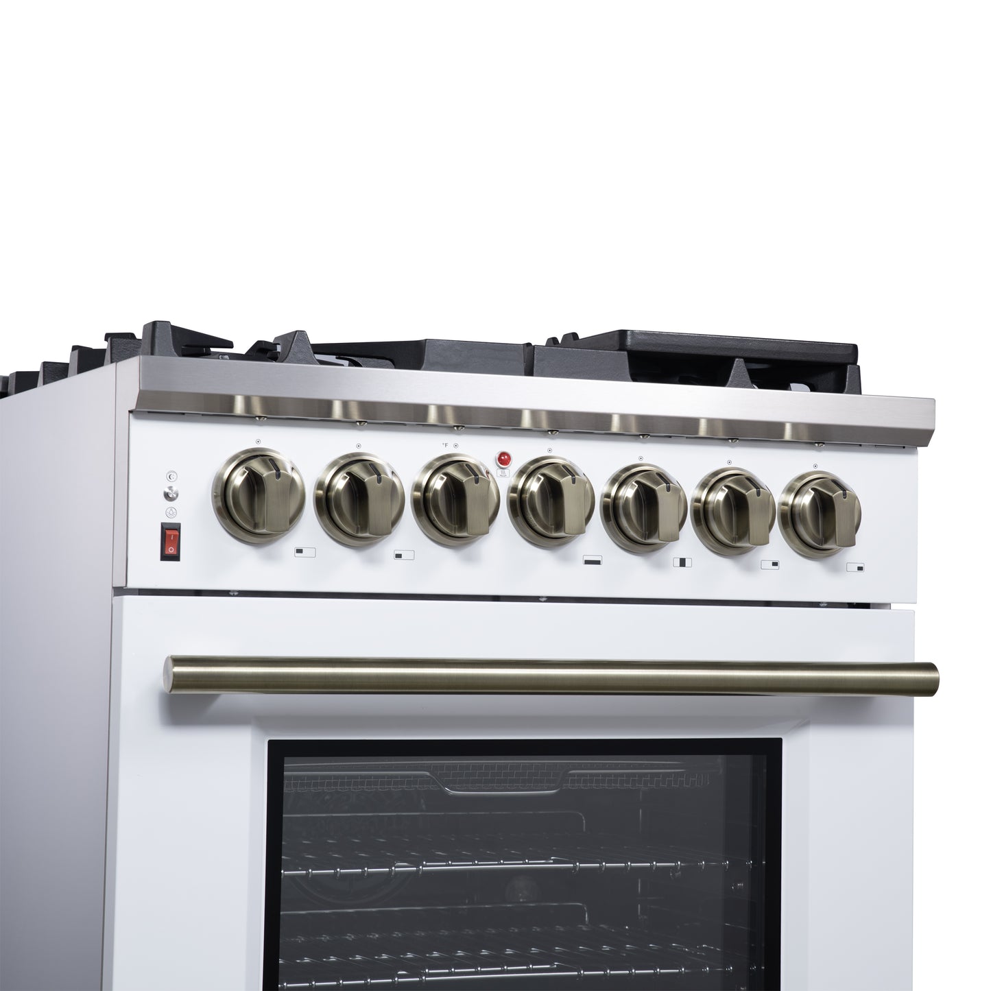 Forno Massimo 30-Inch Freestanding Dual Fuel Range in White with Antique Brass Accessories, 4 Burners, 4.32 cu. ft. Convection Oven