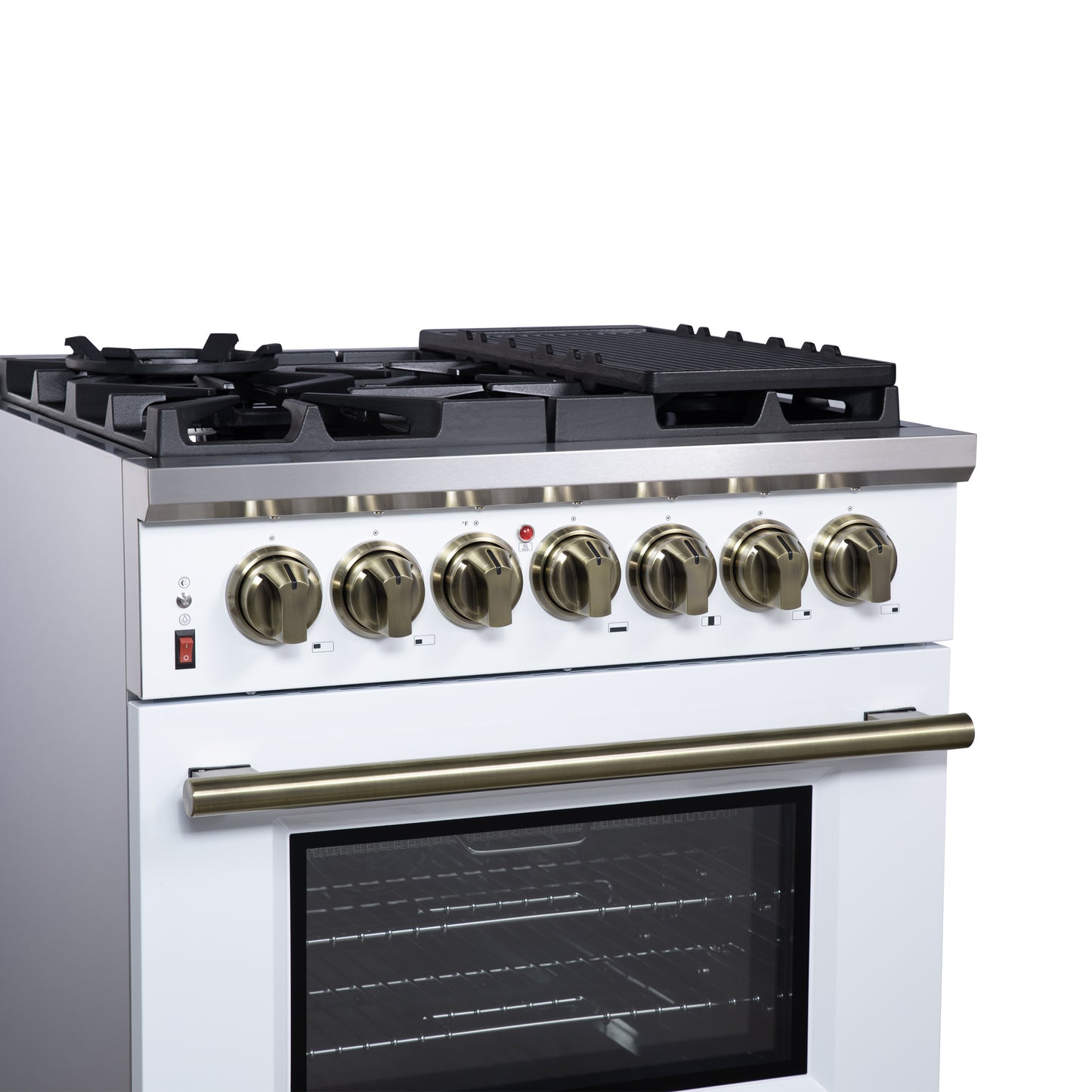 Forno Massimo 30-Inch Freestanding Dual Fuel Range in White with Antique Brass Accessories, 4 Burners, 4.32 cu. ft. Convection Oven