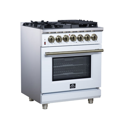 Forno Massimo 30-Inch Freestanding Dual Fuel Range in White with Antique Brass Accessories, 4 Burners, 4.32 cu. ft. Convection Oven