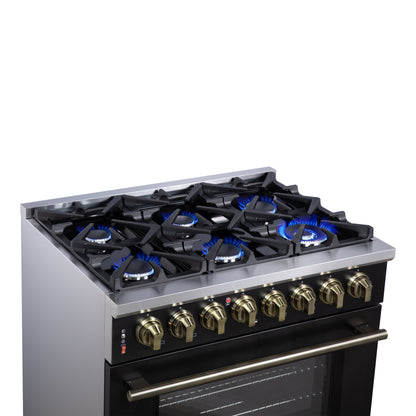 Forno Massimo 36 Inch Freestanding Dual Fuel Range in Black with Antique Brass Accessories, 6 Burners, 5.36 cu. ft. Convection Oven