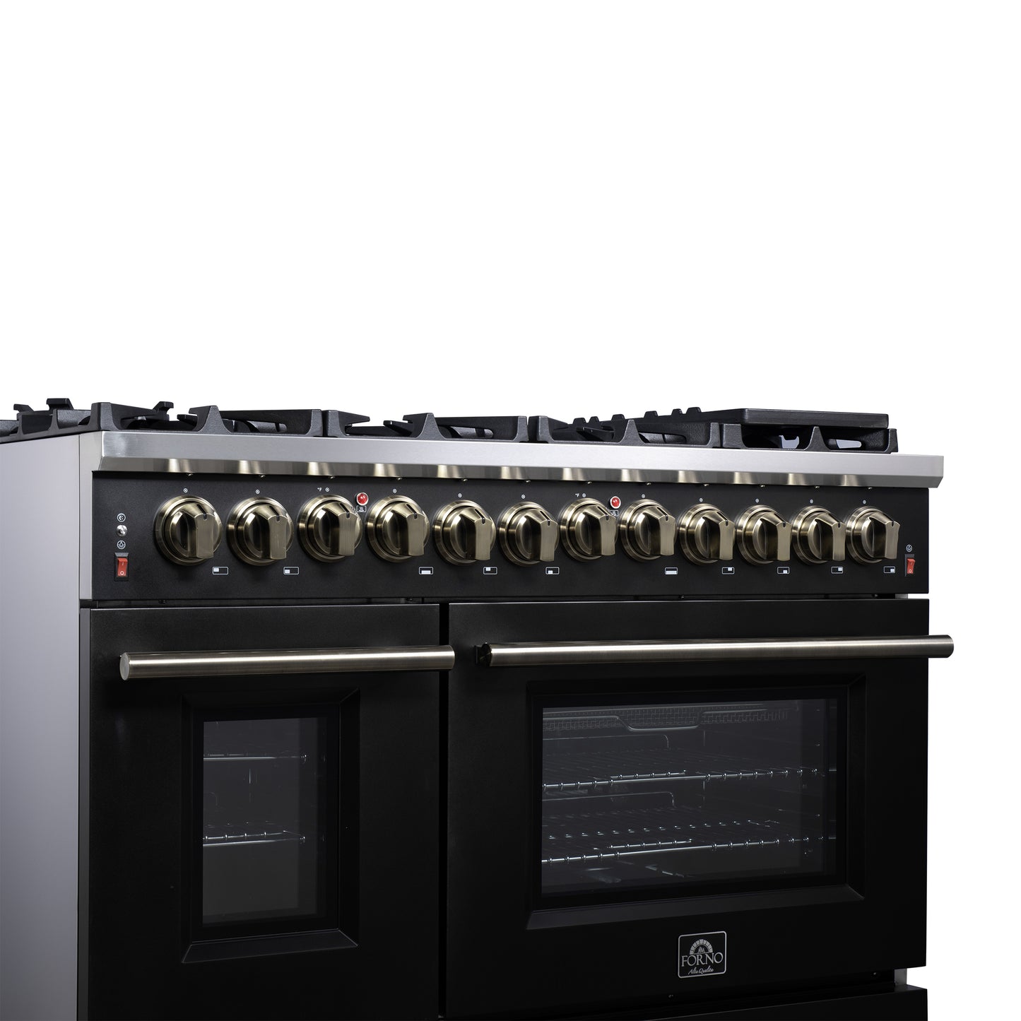 Forno Massimo 48 Inch Freestanding Dual Fuel Range in Black with Antique Brass Accessories, 8 Burners, 6.58 cu. ft. Convection Oven