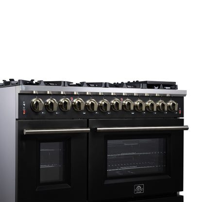 Forno Massimo 48 Inch Freestanding Dual Fuel Range in Black with Antique Brass Accessories, 8 Burners, 6.58 cu. ft. Convection Oven