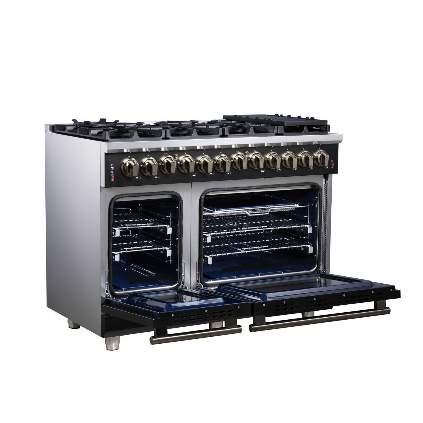 Forno Massimo 48 Inch Freestanding Dual Fuel Range in Black with Antique Brass Accessories, 8 Burners, 6.58 cu. ft. Convection Oven