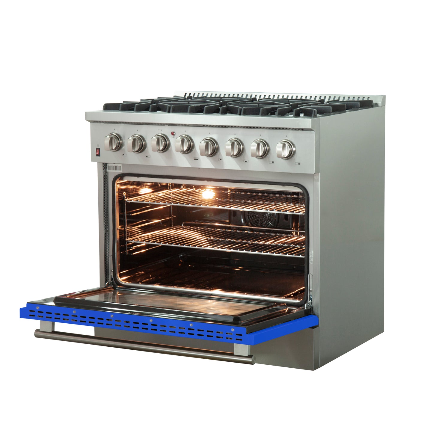 Forno Galiano 36-Inch Freestanding Dual Fuel Range, 6 Burners, Double Convection Ovens, Blue Door