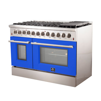 Forno Galiano 48-Inch Freestanding Dual Fuel Range, 8 Burners, Double Convection Ovens, Blue Doors