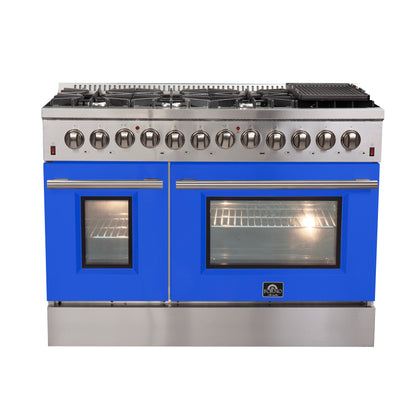 Forno Galiano 48-Inch Freestanding Dual Fuel Range, 8 Burners, Double Convection Ovens, Blue Doors