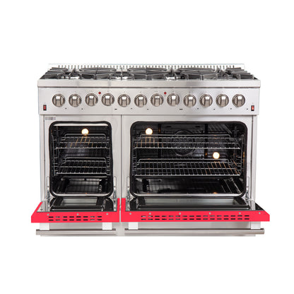 Forno Galiano 48-Inch Freestanding Dual Fuel Range, 8 Burners, Double Convection Ovens, Red Doors