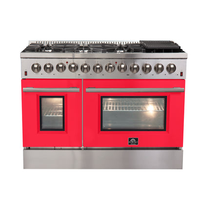 Forno Galiano 48-Inch Freestanding Dual Fuel Range, 8 Burners, Double Convection Ovens, Red Doors