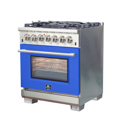 Forno Capriasca 30-Inch Freestanding Dual Fuel Range, 4 Burners, True Convection Oven, Blue Door