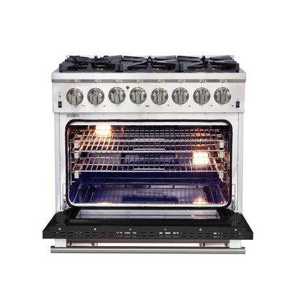 Forno Capriasca 36-Inch Freestanding Dual Fuel Range, 6 Burners, True Convection Oven, Black Door