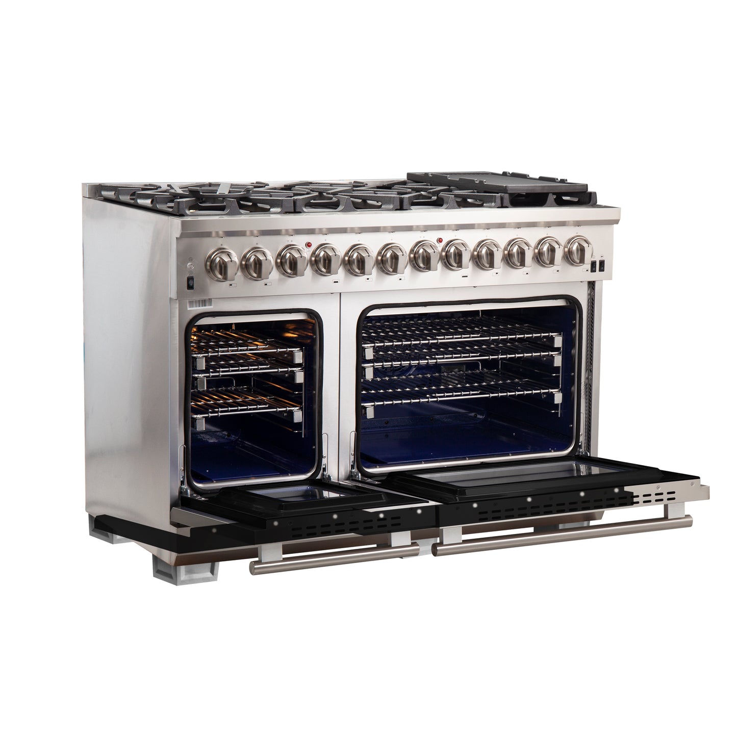 Forno Capriasca 48-Inch Freestanding Dual Fuel Range, 8 Burners, True Convection Oven, Black Doors