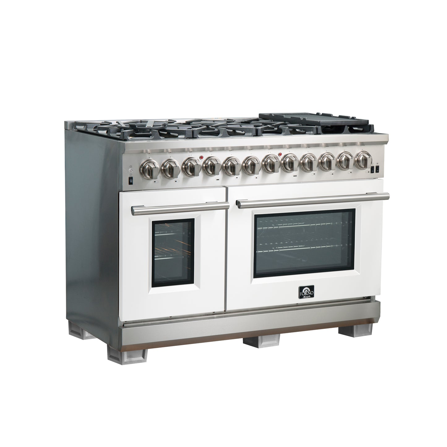 Forno Capriasca 48-Inch Freestanding Dual Fuel Range, 8 Burners, True Convection Oven, White Doors