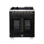 Forno Capriasca 30-Inch Freestanding French Door Dual Fuel Range in Black with Antique Brass Accessories, 5 Burners, True Convection Oven