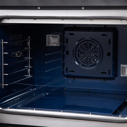 Forno Capriasca 30-Inch Freestanding French Door Dual Fuel Range in Black with Antique Brass Accessories, 5 Burners, True Convection Oven