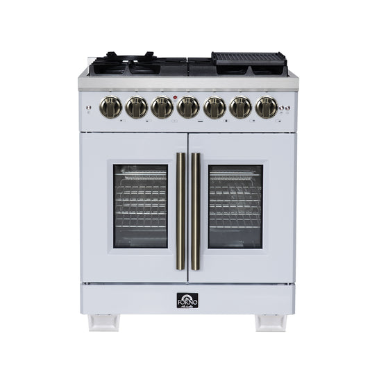 Forno Capriasca 30-Inch Freestanding French Door Dual Fuel Range in White with Antique Brass Accessories, 5 Burners, True Convection Oven