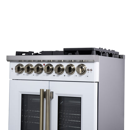 Forno Capriasca 30-Inch Freestanding French Door Dual Fuel Range in White with Antique Brass Accessories, 5 Burners, True Convection Oven