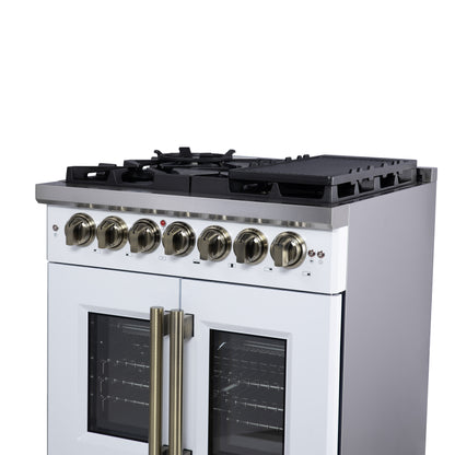 Forno Capriasca 30-Inch Freestanding French Door Dual Fuel Range in White with Antique Brass Accessories, 5 Burners, True Convection Oven