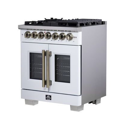 Forno Capriasca 30-Inch Freestanding French Door Dual Fuel Range in White with Antique Brass Accessories, 5 Burners, True Convection Oven