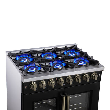 Forno Capriasca 36 Inch Freestanding French Door Dual Fuel Range in Black with Antique Brass Accessories, 6 Burners, True Convection Oven