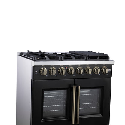 Forno Capriasca 36 Inch Freestanding French Door Dual Fuel Range in Black with Antique Brass Accessories, 6 Burners, True Convection Oven