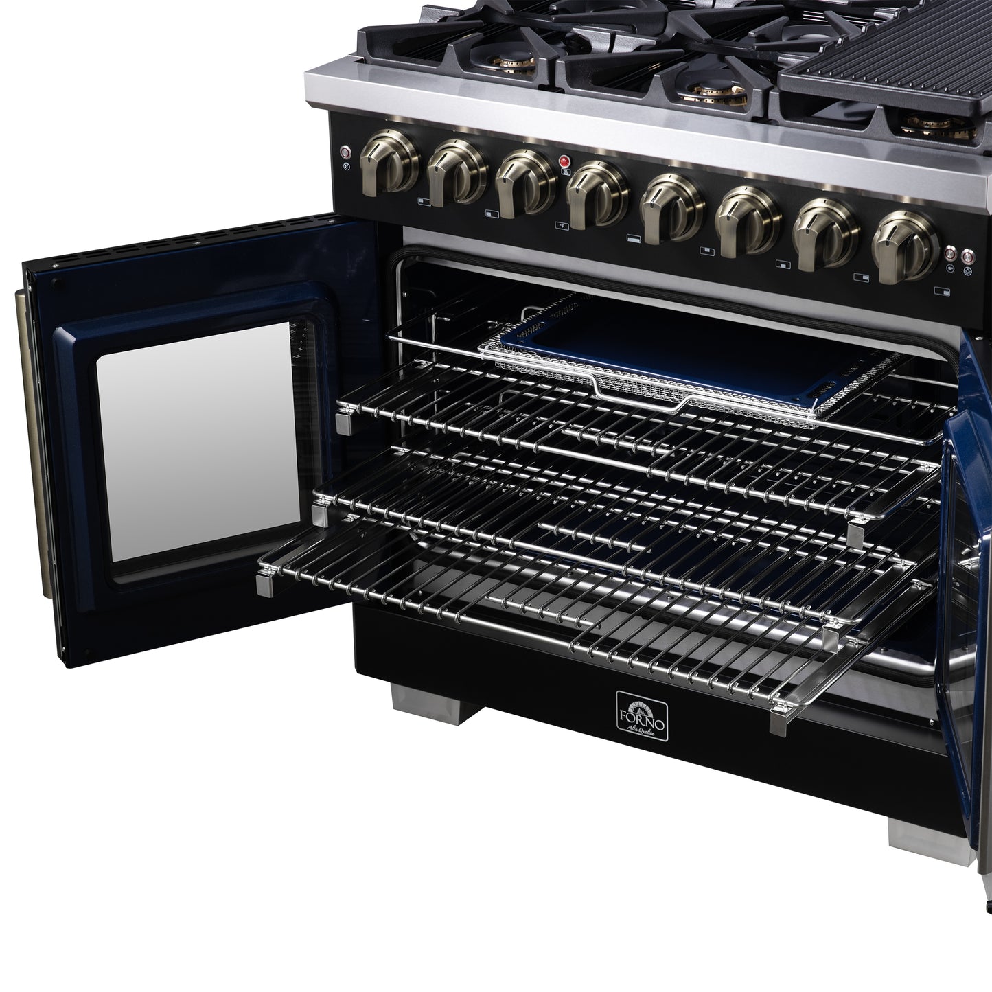 Forno Capriasca 36 Inch Freestanding French Door Dual Fuel Range in Black with Antique Brass Accessories, 6 Burners, True Convection Oven