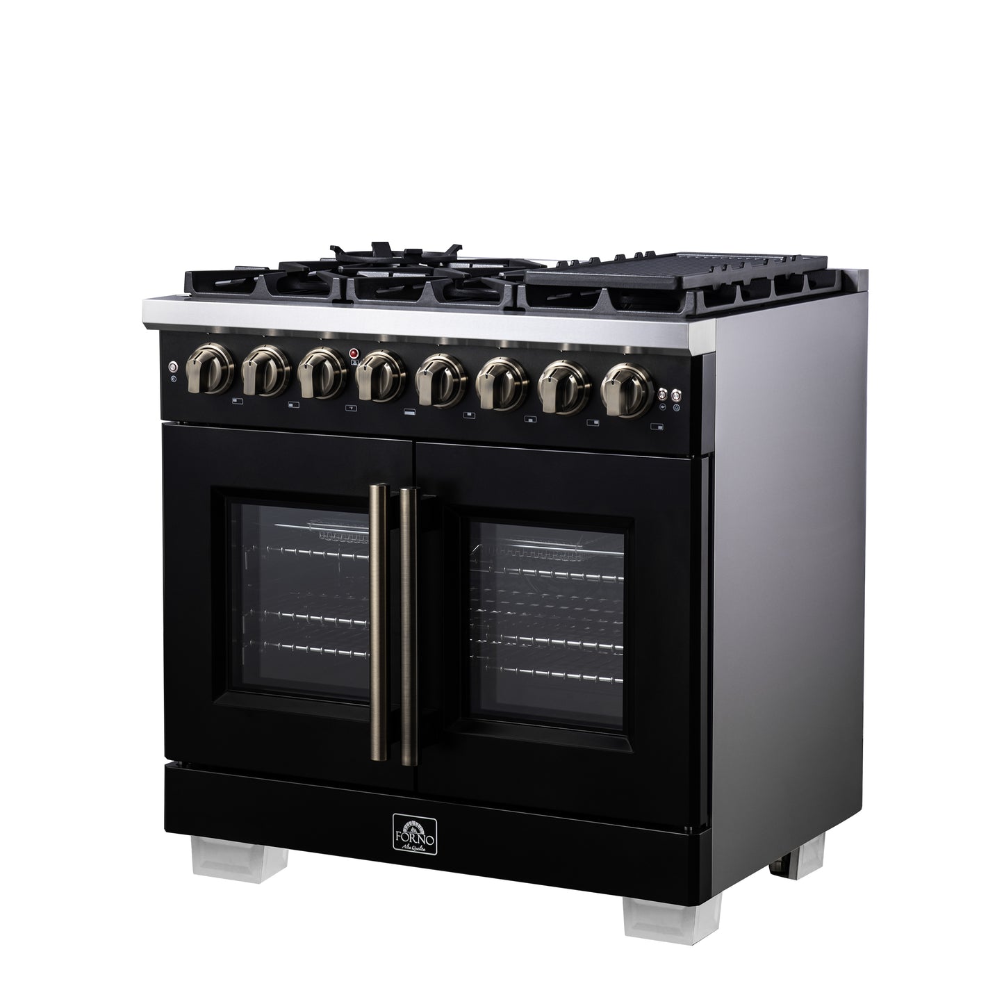Forno Capriasca 36 Inch Freestanding French Door Dual Fuel Range in Black with Antique Brass Accessories, 6 Burners, True Convection Oven