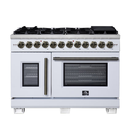 Forno Capriasca 48 Inch Freestanding French Door Dual Fuel Range in White with Antique Brass Accessories, 8 Burners, True Convection Oven
