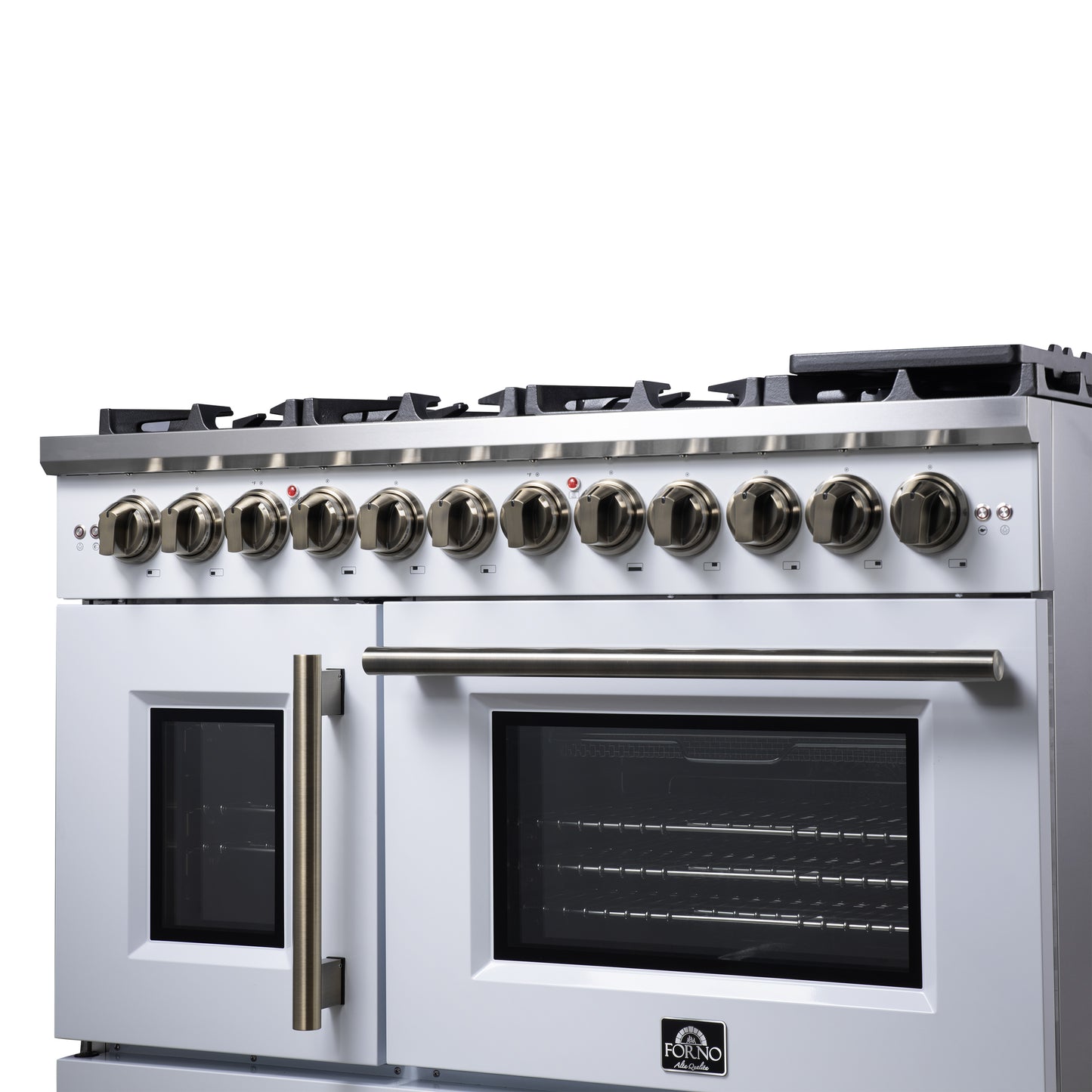 Forno Capriasca 48 Inch Freestanding French Door Dual Fuel Range in White with Antique Brass Accessories, 8 Burners, True Convection Oven