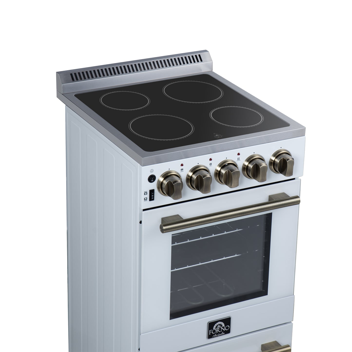 Forno Pallerano 20 Inch Freestanding Electric Range in White with Antique Brass, Compact Design