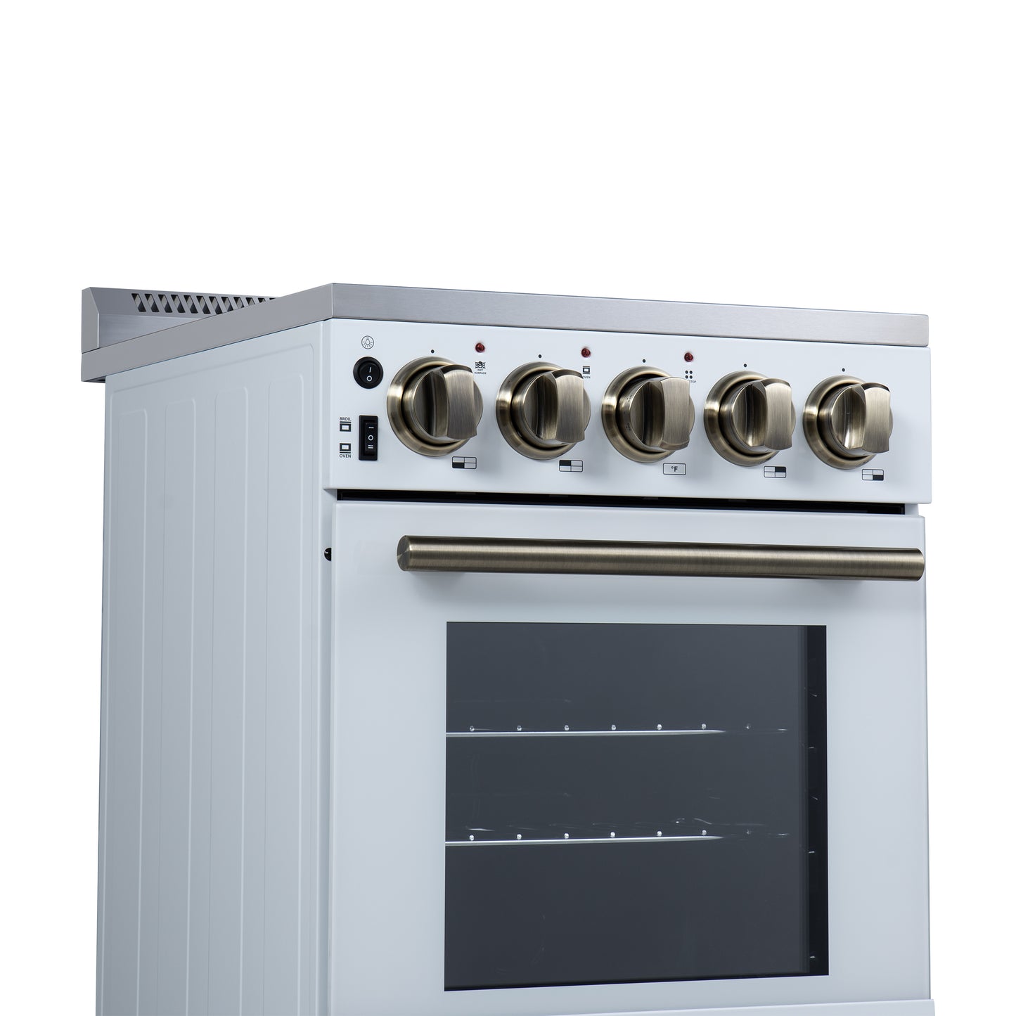 Forno Pallerano 20 Inch Freestanding Electric Range in White with Antique Brass, Compact Design