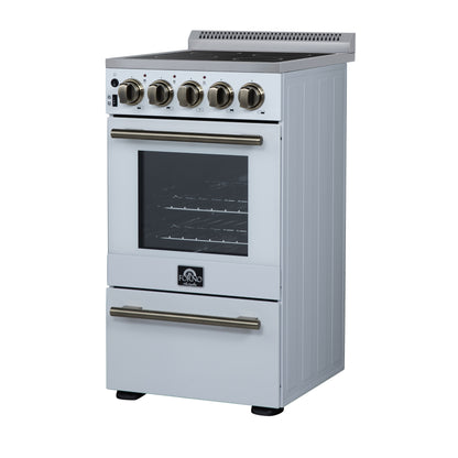 Forno Pallerano 20 Inch Freestanding Electric Range in White with Antique Brass, Compact Design