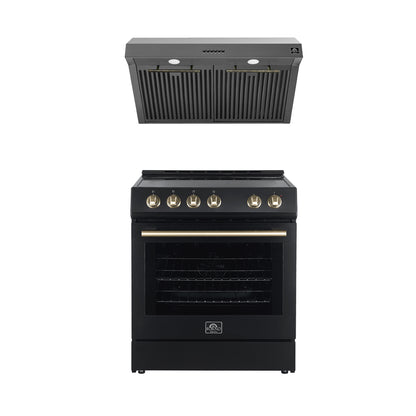 FORNO Premium 2-Piece Kitchen Bundle - Leonardo Espresso 30" Black Range, 30" Black Range Hood - FBDL-002-02US