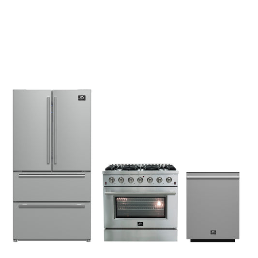 FORNO Premium 3-Piece Kitchen Bundle - Galiano 36" Gas Range, 36" French Door Refrigerator, 24" Built-In Dishwasher - FBDL-004-01CAUS