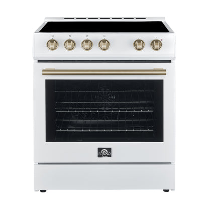 FORNO Premium 3-Piece Kitchen Bundle - Leonardo Espresso 30" White Range, 30" White Range Hood, 31" White Refrigerator - FBDL-001-03CA
