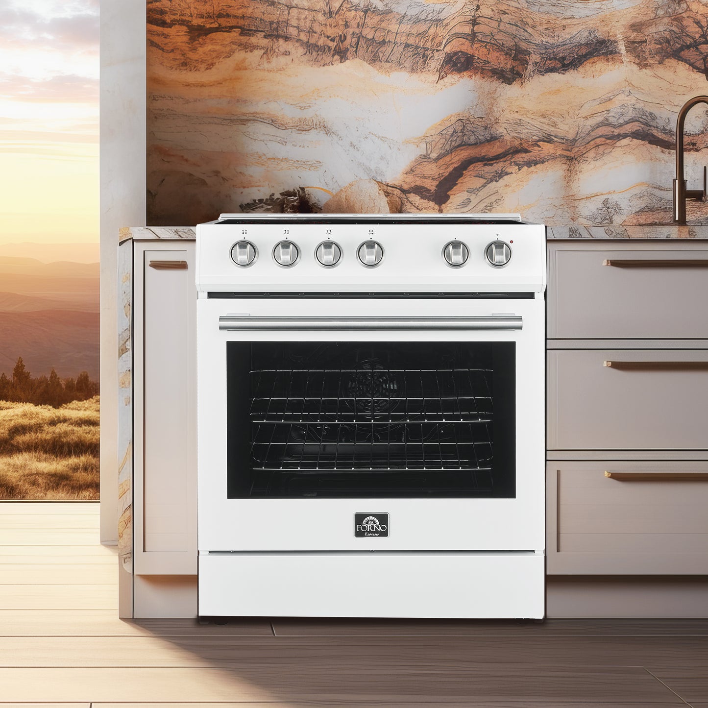 FORNO Premium 3-Piece Kitchen Bundle - Leonardo Espresso 30" White Range, 30" White Range Hood, 31" White Refrigerator - FBDL-001-03CA