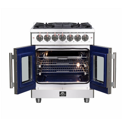 Forno Massimo 30-Inch Freestanding French Door Dual Fuel Range, 4 Burners, True Convection Oven